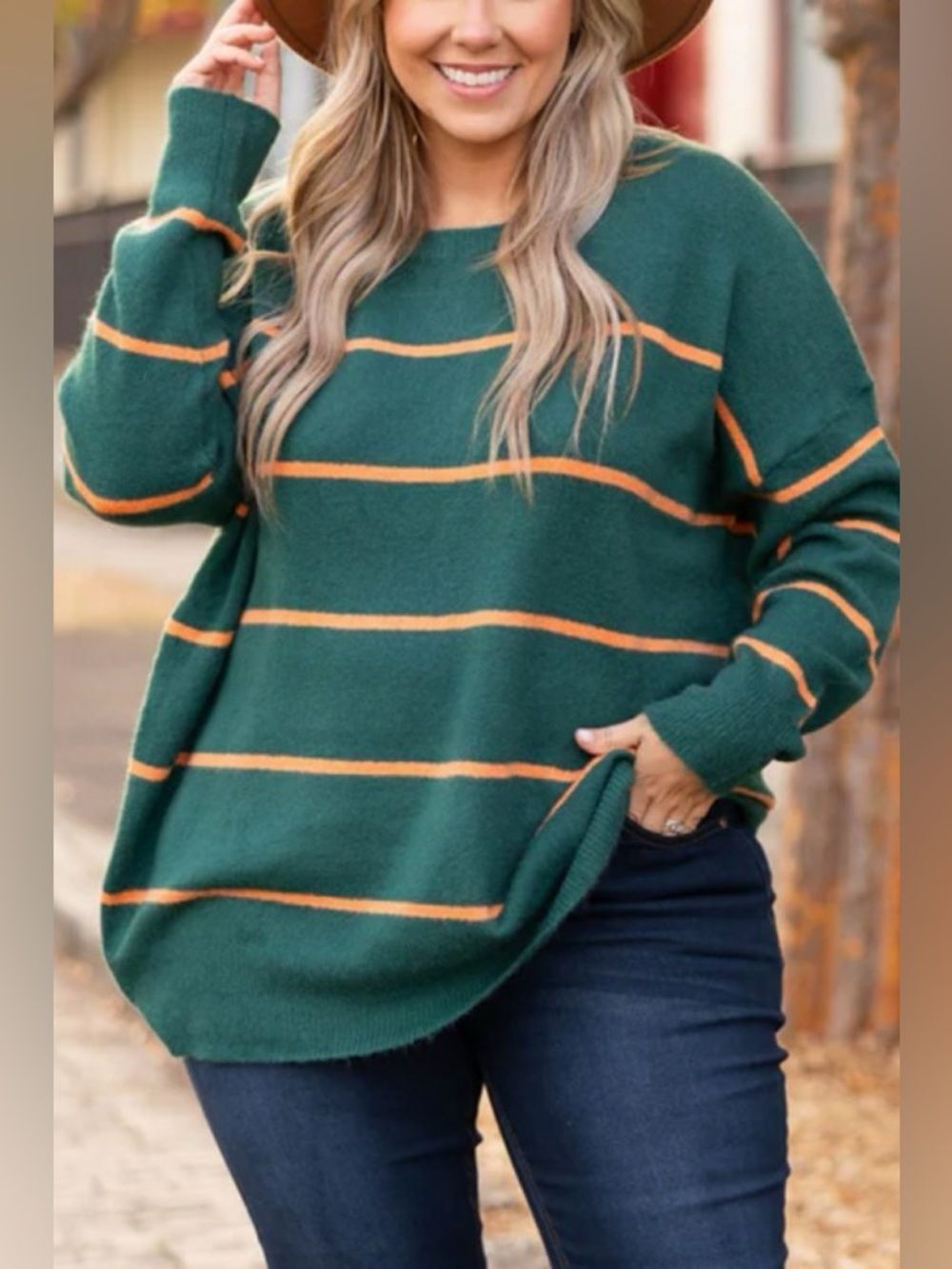 Chic Soul Size 2X Womens Green & Orange Striped Knit Sweater